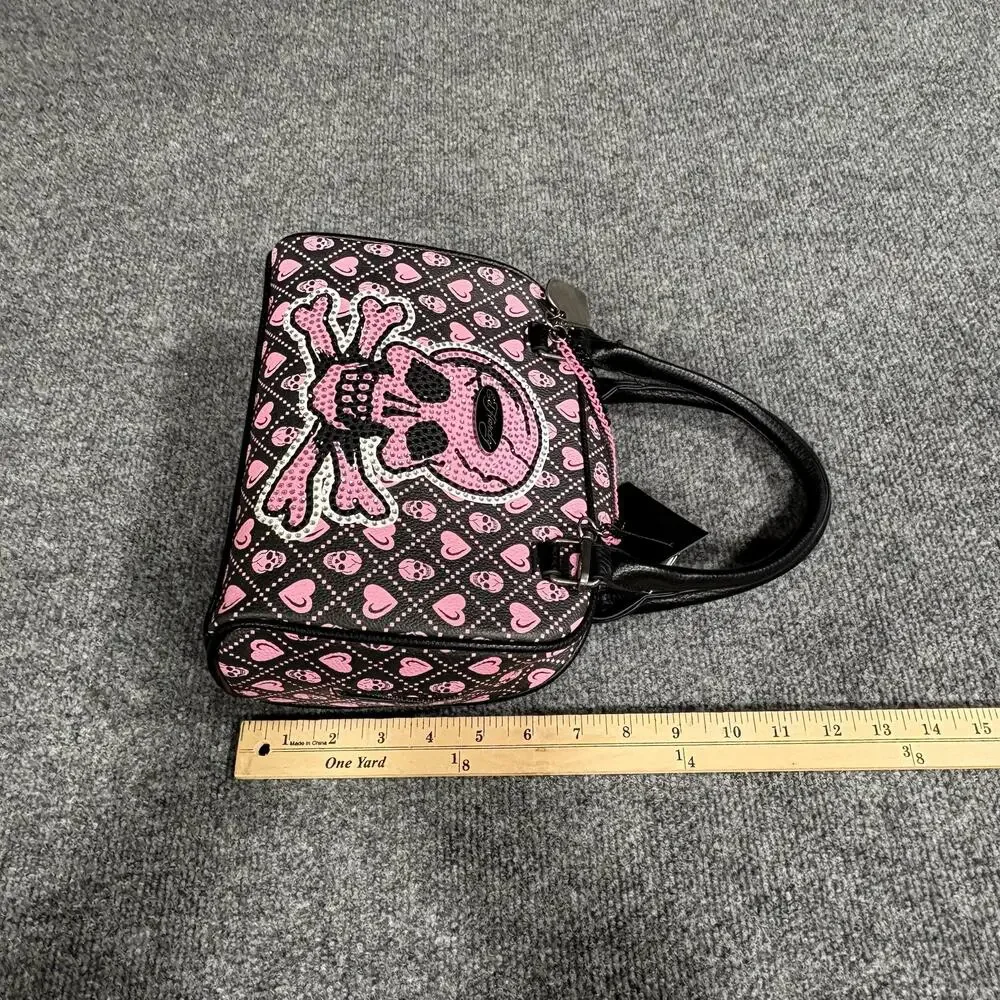Ed Hardy Satchel Bag Womens Black Pink Skull Hearts Rhinestone Vegan NWT Rock